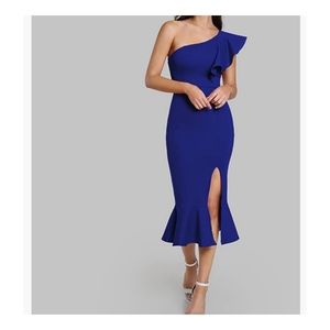 NWOT Ruffle One Shoulder Split Midi Dress